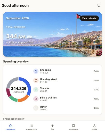 Masarefi dashboard showing this month's spending total and category breakdown