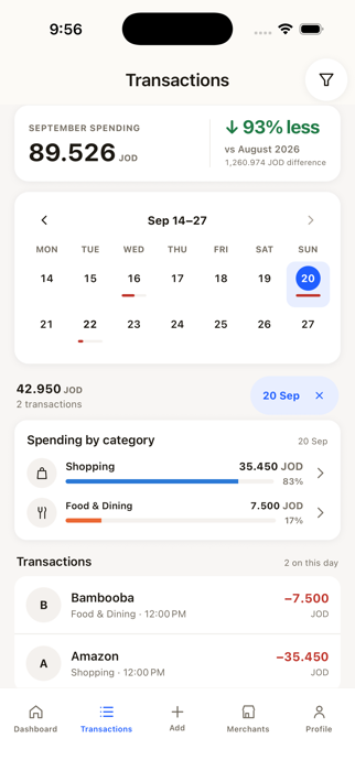 Masarefi transactions screen showing a day's categorized transactions